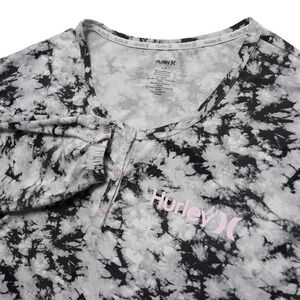 Hurley Henley Long Sleeve Women Large Black Gray White Tie Dye Logo Elastic Cuff